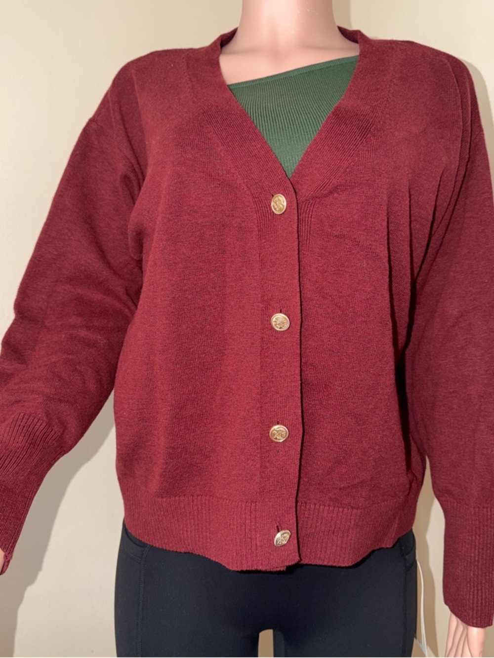 Ava & Viv Burgundy V-Neck Button Cardigan with Gold Buttons